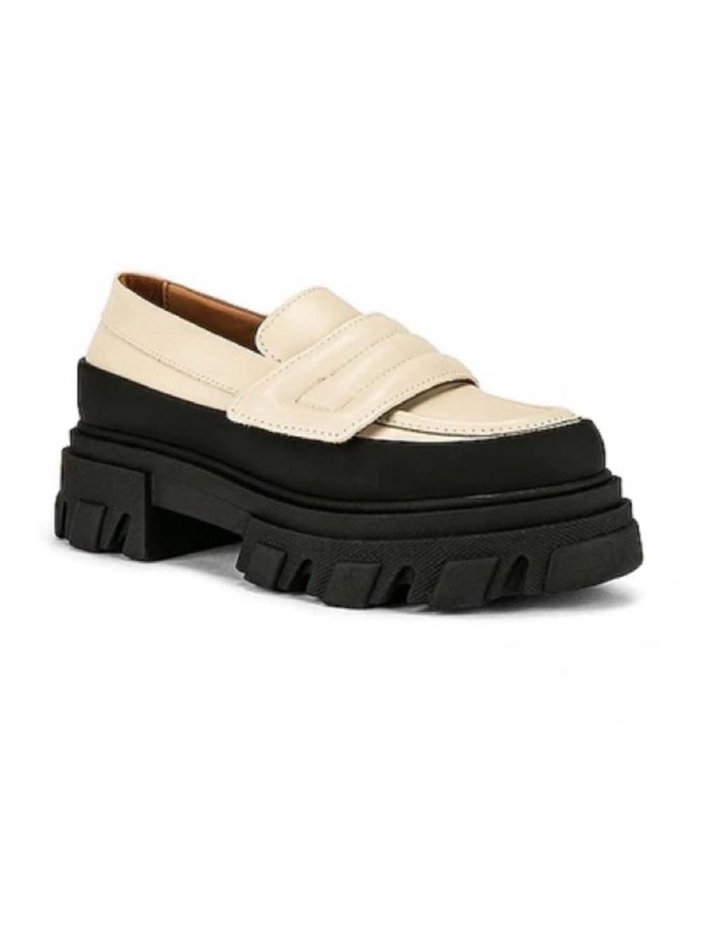 Ganni Two-Tone Chunky Platform Slip-on Lug Loafer in Cream and Black